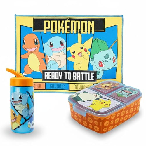 MARUKATSU Pack Infantil 3 en 1 – Toallita Microfibra 40x30 cm + Botella Infantil 410 ml + Sandwichera 3 Compartimentos, Set Merienda Colegio, Lunch Box Niños, Regalo (Pokemon)