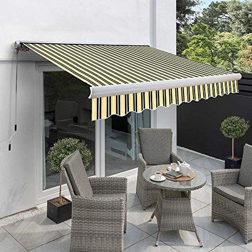 Primrose 3.0m x 2.5m Manual Electric Awning Full Cassette DIY Patio Awning Gazebo Canopy (9ft 10) Complete with Fittings and Winder Handle (Electric, Yellow and Grey Stripe)