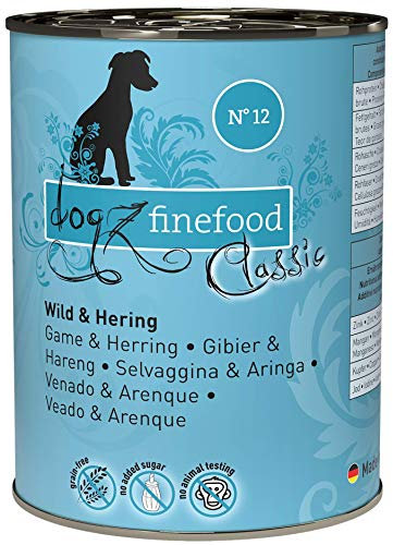 dogz finefood Hundefutter nass - N° 12 Wild & Hering - Feinkost Nassfutter für Hunde & Welpen - getreidefrei & zuckerfrei - hoher Fleischanteil, 6 x 400 g Dose