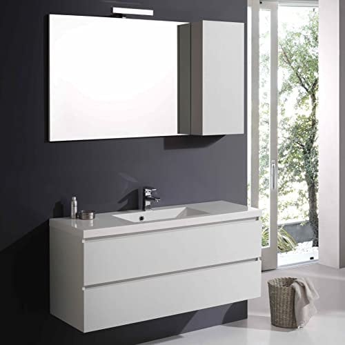 Kiamami Valentina Mobile bagno sospeso 120cm bianco foresta, 2 cassetti, lavabo, specchio con pensile | Manhattan