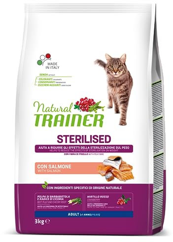 Trainer Natural Sterilised Adult con Salmone e Fibra di Pisello 3 Kg, 3000 Gr