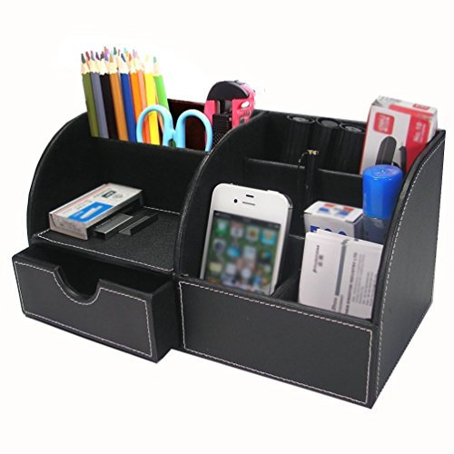 Organisateur de Bureau Multifonctionnel Pot à Crayons Cuir PU 7 Compartiments/Boîte de Rangement Support avec un Tiroir Stockage Porte-Cartes/Téléphone Portable/Papeterie/Agrafeuse/Télécommande