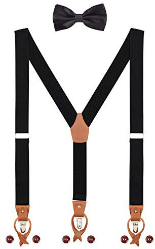 Herren Hosenträger Fliege Set 2 WAY TO WEAR 6 Leder Knopfloch 3 Clips Y-Form 3,5cm Breit Verlängerte Hosenträger für Körpergröße 160-200cm - Schwarz