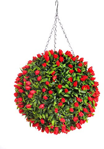 Best Artificial TULIP Flower Ball Lush Long Leaf Topiary Grass (38cm, Red)