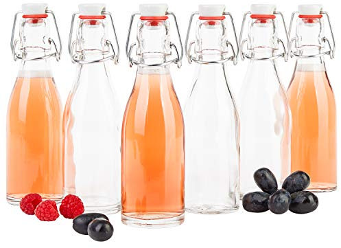 MamboCat Lot de 6 bouteilles en verre vides à remplir - 200 ml - Bouteilles à liqueur à remplir soi-même - Avec bouchon à étrier - Tête en porcelaine avec joint en caoutchouc