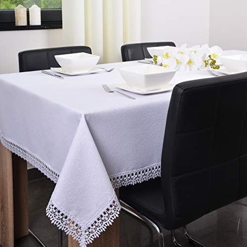 DECOOR - schmutzabweisende Tischdecke, veredelt mit dekorativer 5 cm breiter Guipure-Spitze, aus Jacquardgewebe 170g/m², 100% Polyester, hergestellt in EU (Weiß, 180 x 140 cm)