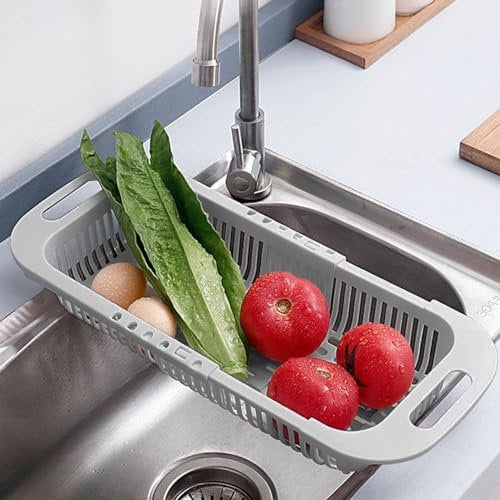 MineSign Scolapasta estensibile da posizionare sopra il lavello, Cestello Lavaverdure, per frutta e verdura, cestello di scarico regolabile per lavello da cucina (grigio)