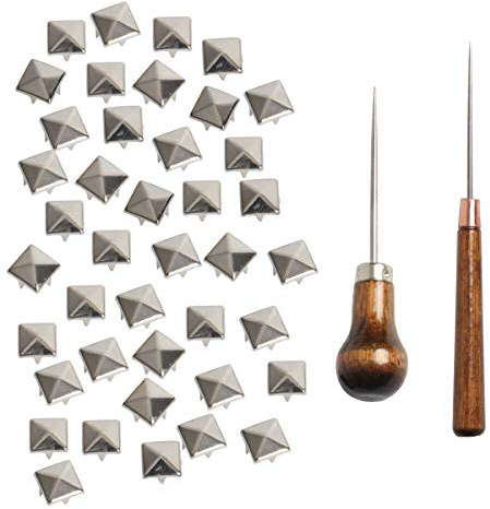 SBYURE 500 Stück 10 mm Vierbacken-Nieten Silber Metall Pyramiden-Nieten Handwerk DIY Punk Spikes Punkte Nieten Zubehör mit 2 Stück gerader Spitze Kratzahle Bastelwerkzeug