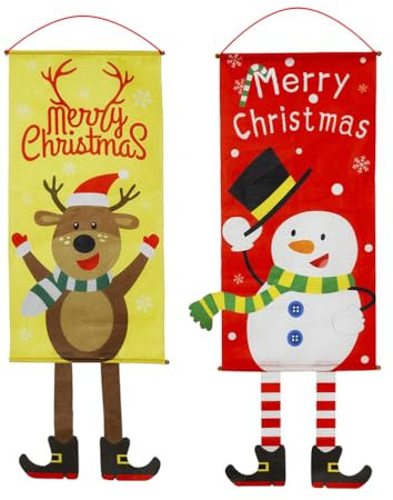 Holibanna 2Pcs Feliz Navidad Porche Letrero Banner Decoraciones para Puertas Navidad Colgantes Pancartas para La Puerta de La Pared del Hogar Apartamento Fiesta (Elk Snowman)