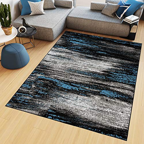 TAPISO Maya Teppich Kurzflor Modern Verwischt Meliert Streifen Design Schwarz Grau Blau Weiß Wohnzimmer Schlafzimmer ÖKOTEX 220 x 300 cm