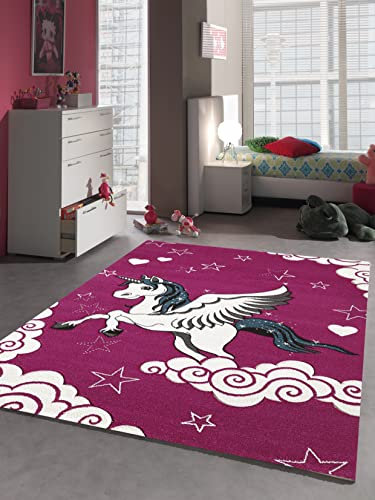 the carpet Monde Kids Moderner Weicher Kinderteppich, Weicher Flor, Pflegeleicht, Farbecht, Lebendige Farben, Herz, Einhorn, Fuchsia, Lila, 120 x 170 cm