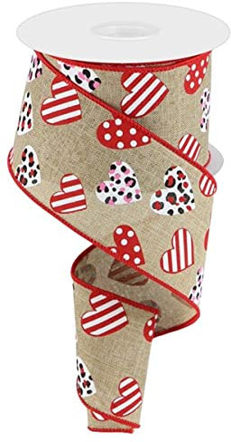 Schleifenband mit Drahtrand, Herzen mit Leopardenmuster und Streifen, 9 m, 6,3 cm, Hellbeige