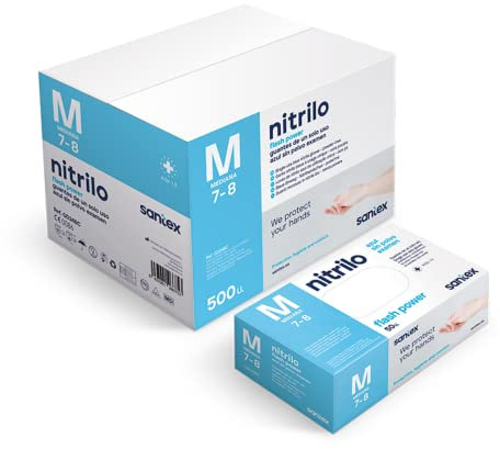 Santex Guantes de nitrilo sin polvo azul | Gama Nitrilo Flash Power | Guantes desechables de un solo uso | Extra fuerte | Extra largo 28 cm | Libre de látex | Caja de 50 unidades | Talla M