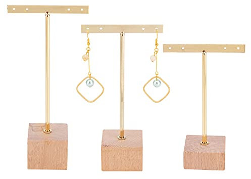 FINGERINSPIRE 3 Pièces Présentoir de Boucle D'oreille en Métal Doré avec Base en Bois 4 Trous Porte-Bijoux Organisateur de Boucle D'oreille Suspendu (Base Carrée, Hauteur 119 & 141 & 161 mm)