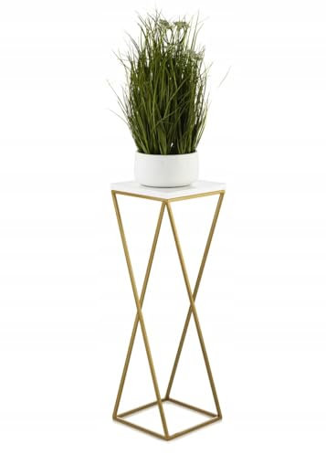 HowHomely Blumenständer Metall 70 cm Hoch - Blumenhocker mit Weiß MDF-Platte auf Gold Ständer - Pflanzenständer im Loft-Stil für die Innendekoration