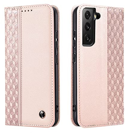 TOHULLE Case for Samsung Galaxy S22, Premium PU Leather Wallet Case Card Holder Kickstand Built-in Magnetic Closure Plaid Pattern Flip Folio Phone Cover for Samsung Galaxy S22 - Rose Gold