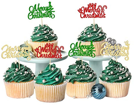 Gyufise Cupcake-Aufsätze mit Aufschrift Merry Christmas, glitzernd, Weihnachtsbaum, Hirsch, Frohe Weihnachten, Dekoration, für Winter, Weihnachten, Urlaub, Geburtstag, Partyzubehör, 24 Stück
