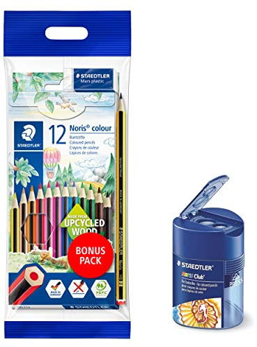 Staedtler Buntstifte Noris Colour 12 Stück, rutschfeste Soft-Oberfläche, hohe Bruchfestigkeit, Bonuspack mit Radierer, Bleistift und Doppelspitzdose