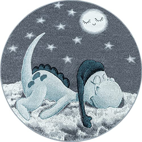 Muratap Kinderteppich für Kinderzimmer Deko - Bambi Dinosaurier - Kurzflor Teppich Dinosaurier Dino Sterne Mond Anti-Statisch und Anti-Allergisch - Oeko-TEX - Große: Ø160 cm - Rund - Farbe: Blau/Grau