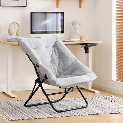 YOTATING Saucer Chair - Comfy Oversized Folding Faux Fur Lounge With Metal Frame for Bedroom, Living Room, Dorm Rooms - Grey