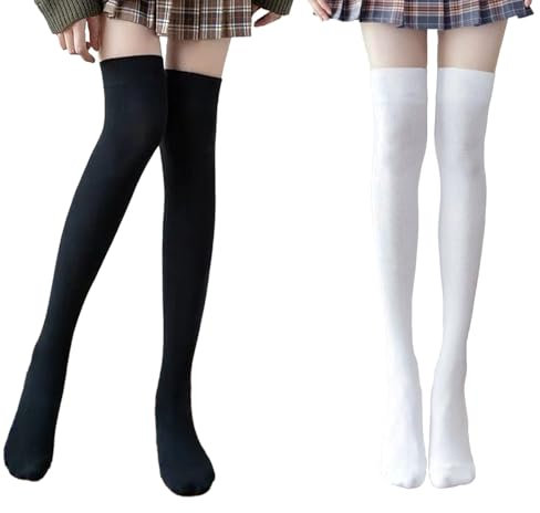 KEYRI 2 Pairs Knee Socks - Knee-High & Mid-Thigh Socks, One Size Long Stockings for Women & Girls (Cotton, Black + White)