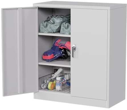 SUPEER 90cm H Aktenschrank,Metallschrank mit 2 höhenverstellbaren Fachböden,Stahlblech Pulverbeschichtung,Stahlschrank für Werkzeuge,Garage H90.00xW80.00xD40.00cm（grau）