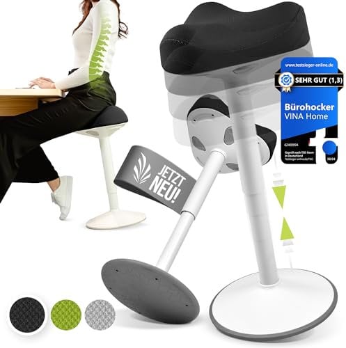 Vina Home® SH-01 Bürohocker Ergonomisch [IGR Zertifiziert] | Sitzhocker ergonomisch höhenverstellbar [58-83 cm]| Ergonomischer Hocker für Arbeit & Freizeit | Schwingeffekt [rutschfest] (Schwarz)