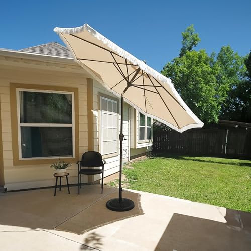 PURPLE LEAF Sonnenschirm 270 cm Rund, Ampelschirm mit Fransen, Terrassenschirm mit Kurbel, UV-Schutz 50+, Wasserabweisend, Gestell Aluminium, für Terrasse, Balkon, Beige