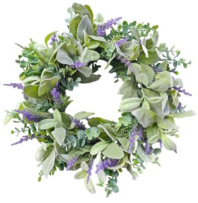 AWHAO 40cm Artificial Lavender Wreath for Front Door Wreath Eucalyptus Wreath Artificial Garland Purple Lavender Flower Wreath Spring Wreath Summer Wreath for Front Door Home Wall Wedding Party Decor