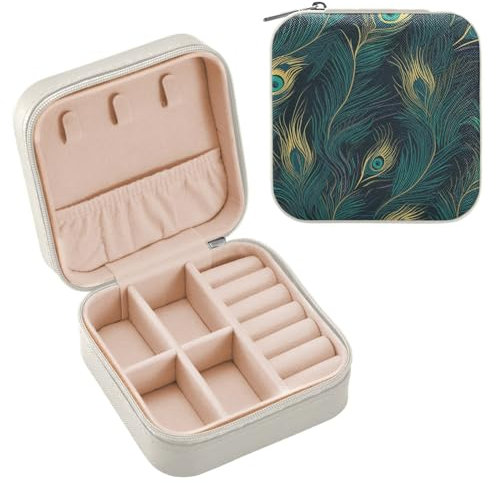 FRODOTGV Schöne blau-grüne Pfauenfedern, kleiner Reise-Schmuckkoffer, Organizer, Mini-Organizer, für Armbänder, Armbänder, Halsketten, Mädchen, personalisierte Geschenke, Halsketten-Organizer-Box