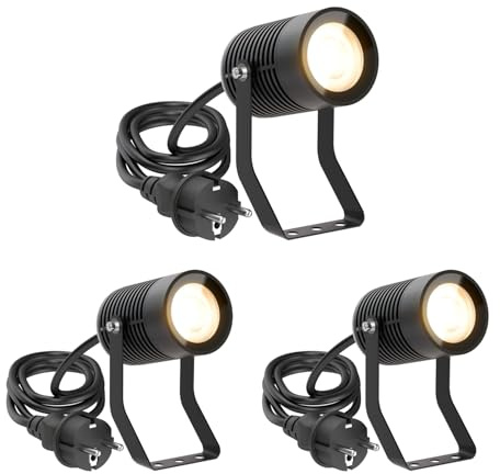ledscom.de 3 Stück Gartenstrahler SHINGA für außen, IP65, Stecker, schwarz, inkl. GU10 LED Lampe 1103lm, warmweiß