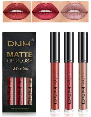 Desing Wish 3 Stück Glitzer Lippenstift Set Lipgloss 24 Stunden Halt Lipstick Lip Gloss Long Lasting Lippenstift Pink Roter Nude Lip Balm Make up Damen Frauen Lipgloss Geburtstage Geschenk