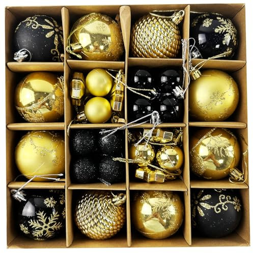 44 PCS Christmas Tree Decorations Baubles Set, Hanging Ball Ornaments for Christmas Halloween Decoration, Black Gold Baubles