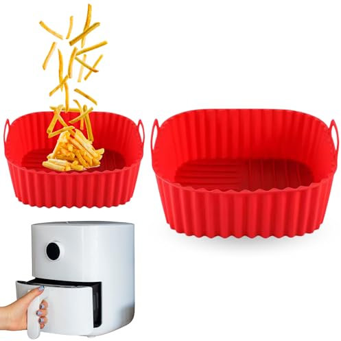 CHEFZOCO Molde Silicona Cuadrado para Freidora de Aire, Accesorios Freidoras de Aire, Recipiente de Silicona Cuadrado para Freidora, Antiadherente, Apta para freidoras de 4 a 5 litros, Silicona, Rojo