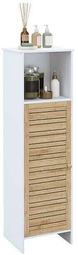 HOMCOM Meuble de Salle de Bain sur Pied Meuble de Rangement avec 1 Compartiment Ouvert et 1 Placard à étagère réglable, Porte en Bambou, 35 x 30 x 120 cm Blanc