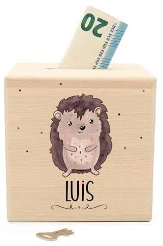 Muckelmeister Spardose Kinder Personalisiert mit Namen aus Holz - 10x10x10cm - Spardose mit Schloss und Schlüssel - Taufgeschenke für Mädchen und Jungen - originelle Geschenke zur Geburt - Igel