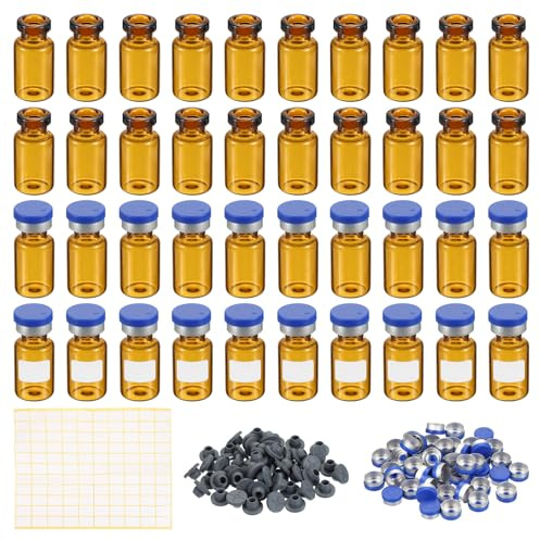 PATIKIL 2ml Sample Vials, 100 Pack Lab Empty Vials with Butyl Rubber Stopper Crimp Top Caps and Labels Borosilicate Glass Vial, Amber