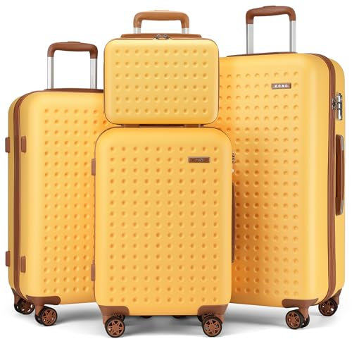 Kono Set de 4 Valises Rigide ABS Valise de Voyage, Valise Vanity Case| Valise Cabine| Valise Moyenne| Grande Valise 4 roulettes et Serrure TSA, Jaune