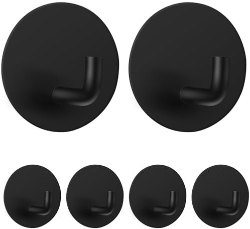 6 Pack Adhesive Hooks, Black Heavy Duty Towel Hook Stick On Hooks Wall for Bathrooms Door Hook Hangers Coat Hooks for Kitchen Home (Black)