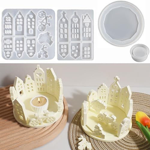 Silikonform Häuser 15 Stück Silikonformen Haus Gießformen Ostern,Silikonform Kerzenhalter Ostern Hase Fahrrad Baum,Silikon Gießform für Kerzen Teelichter