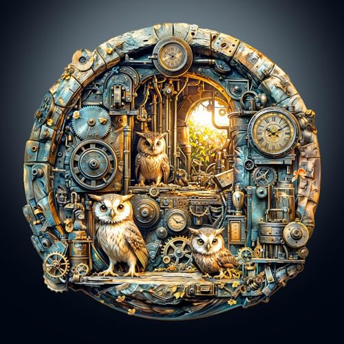 KaayeeWood Holzpuzzle Erwachsene,3D Vision Effekt Steampunk Eule Holzpuzzle,Einzigartige Wooden Puzzle Mit Geschenkbox,Geschenke für Kinder und Erwachsene(34 * 33.9cm-300 Stück)