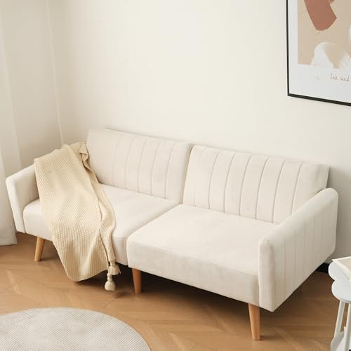 2-in-1 Schlafsofa, Sofa 3 Sitzer, Modernes Minimalistisches Schlafcouch, Multifunktionales Klappsofa, Gummiholzbeine, Rückenlehne 3-fach Klappbar, für Kleine Wohnungen und Schlafsäle, Beige/Grau