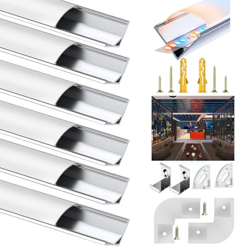 LED Aluminium Profil 45 Grad, 6x1M Stripe Profil V Form Leiste Kanal für 10mm LED Streifen, Stripe Schiene Strip Kanäle Diffusor Aluprofil Eckprofil mit Milchig Weißer Abdeckung und Eckverbindern
