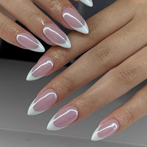KQueenest Chrome White French Tip Press on Nails Almond Medium Glazed Glitter French Tip False Nails Medium, Luxury Design Acrylic Fake Nails Set with Mirror Effect Stick on Nail for Women 24 Pcs
