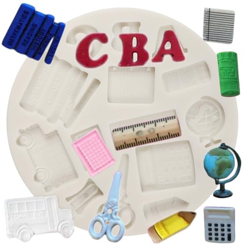 Sijiangmold Lernwerkzeuge Silikonformen Schulanfang Globus Fondantform | Buntstift Lineal Schere Stift Palette Taschenrechner Schokolade Cupcake Topper Polymer Ton Blütenpaste