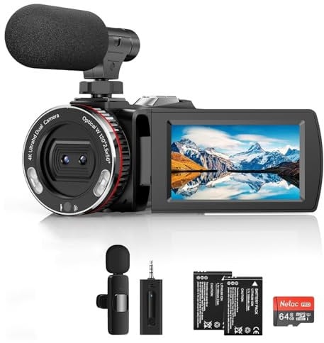 Videocamera 4K, 64 MP, 60 FPS, con microfono wireless per YouTube, schermo flip ultra HD da 3 pollici, zoom digitale 21x, con scheda SD da 64 GB, telecomando e 2 batterie