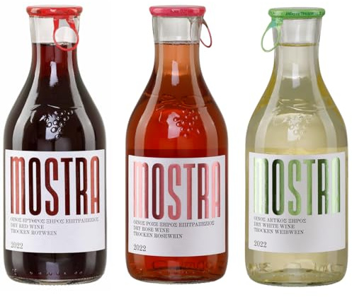 Wein Probierpaket trocken 3x 0,5l von Tsililis | Mostra Rot, Rosé & Weiß | Griechische Qualitätsweine |Trocken & fruchtbetont | Probierset mit Rotwein, Roséwein & Weißwein | + 20ml Jassas Olivenöl
