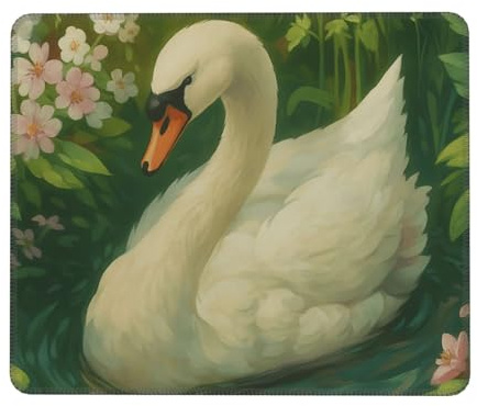 asbwuo Mauspad mit weißem Schwan und Blumenmuster, genähter Rand, rutschfest, wasserdicht, Gummi, 20,1 x 24,1 cm