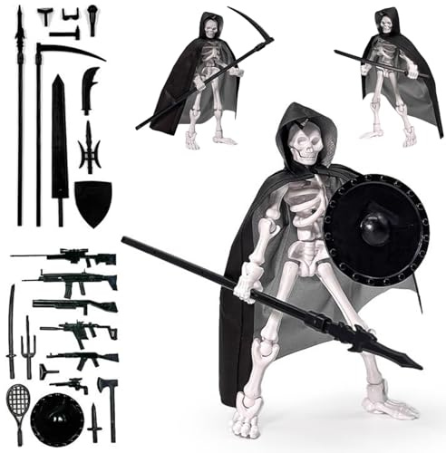 AZIDWERYQ Skelett-Actionfigur, mehrgelenkiges bewegliches Skelettspielzeug mit Kapuzenumhang und Waffen, Kunststoff-Actionfigur für Sammler-Desktop-Dekorationen