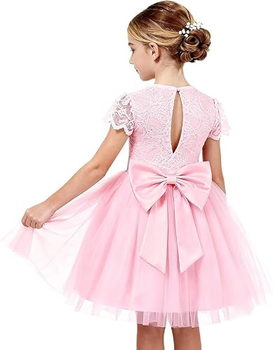 GRACE KARIN Robe de princesse en tulle à manches courtes en dentelle avec nœud papillon pour fête d'anniversaire, mariage, rose, 6 ans